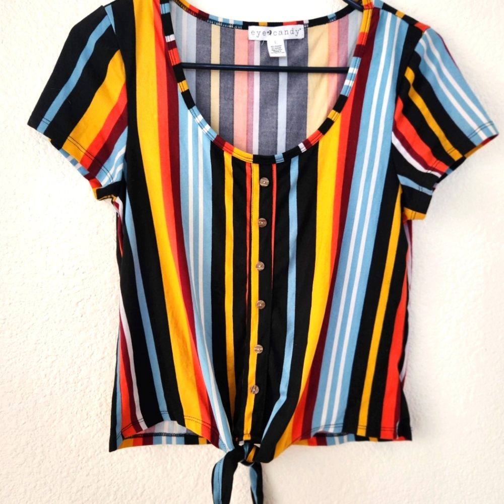 🔥EYE CANDY Y2K Vibrant Striped Tie Front Crop Top Cap Sleeve Size Large